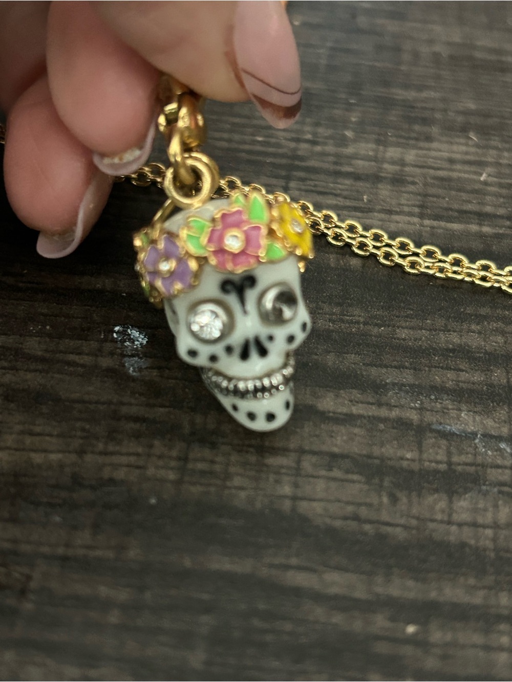 Juicy Couture Gold Tone SugarSkull Pendant Necklace with Multicolor Flower Crown